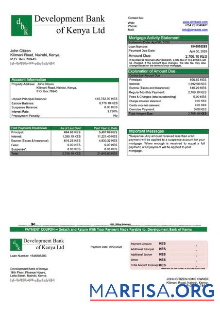 Downloadable Kenya Development Bank of Kenya mortgage statement Word and PDF template